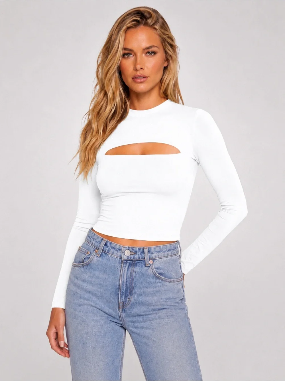 NWT Sugar White Cutout Long Sleeve Crop Top Small Fitted Stretch Going Out Chic - Picture 8 of 8